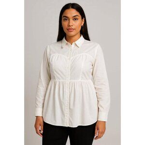 Torrid Plus 2X Peplum Sweetheart Button Down White Shirt Blouse Smocked Shaped